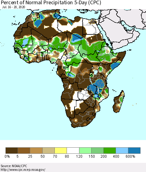 Africa Percent of Normal Precipitation 5-Day (CPC) Thematic Map For 7/16/2020 - 7/20/2020