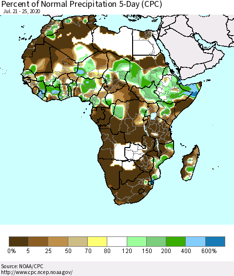 Africa Percent of Normal Precipitation 5-Day (CPC) Thematic Map For 7/21/2020 - 7/25/2020