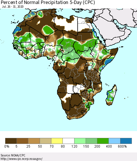 Africa Percent of Normal Precipitation 5-Day (CPC) Thematic Map For 7/26/2020 - 7/31/2020