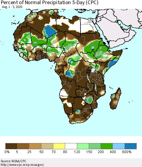 Africa Percent of Normal Precipitation 5-Day (CPC) Thematic Map For 8/1/2020 - 8/5/2020