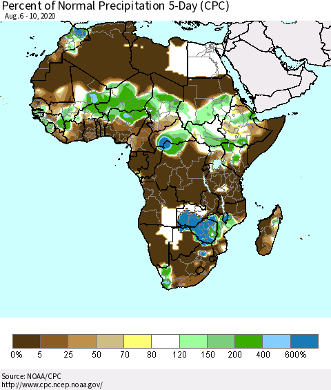 Africa Percent of Normal Precipitation 5-Day (CPC) Thematic Map For 8/6/2020 - 8/10/2020