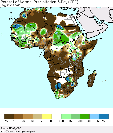 Africa Percent of Normal Precipitation 5-Day (CPC) Thematic Map For 8/11/2020 - 8/15/2020