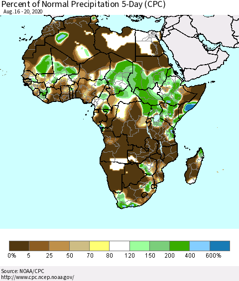 Africa Percent of Normal Precipitation 5-Day (CPC) Thematic Map For 8/16/2020 - 8/20/2020