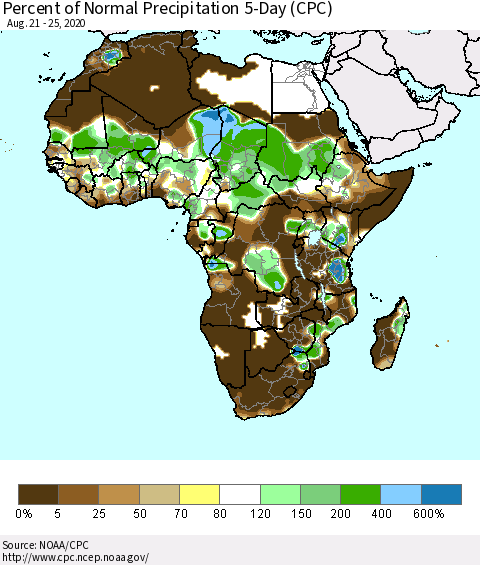 Africa Percent of Normal Precipitation 5-Day (CPC) Thematic Map For 8/21/2020 - 8/25/2020