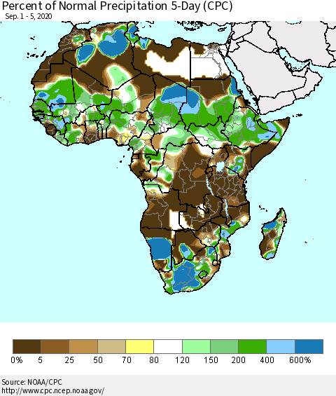 Africa Percent of Normal Precipitation 5-Day (CPC) Thematic Map For 9/1/2020 - 9/5/2020