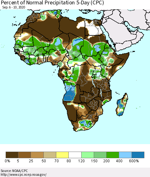 Africa Percent of Normal Precipitation 5-Day (CPC) Thematic Map For 9/6/2020 - 9/10/2020