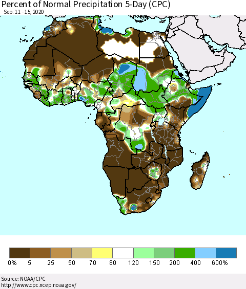 Africa Percent of Normal Precipitation 5-Day (CPC) Thematic Map For 9/11/2020 - 9/15/2020