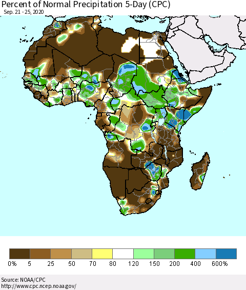 Africa Percent of Normal Precipitation 5-Day (CPC) Thematic Map For 9/21/2020 - 9/25/2020