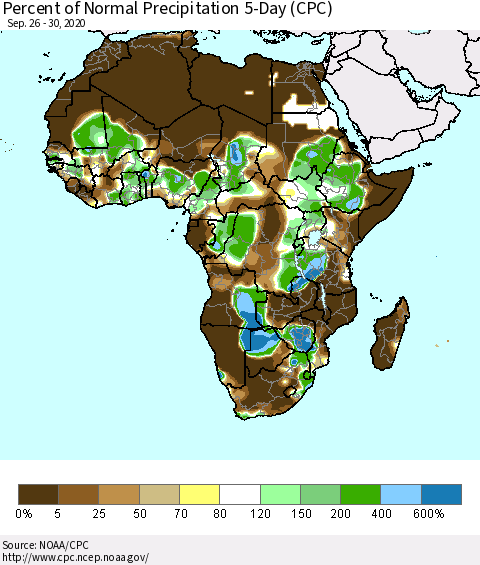 Africa Percent of Normal Precipitation 5-Day (CPC) Thematic Map For 9/26/2020 - 9/30/2020