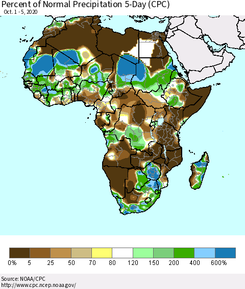 Africa Percent of Normal Precipitation 5-Day (CPC) Thematic Map For 10/1/2020 - 10/5/2020