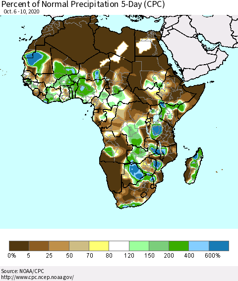 Africa Percent of Normal Precipitation 5-Day (CPC) Thematic Map For 10/6/2020 - 10/10/2020