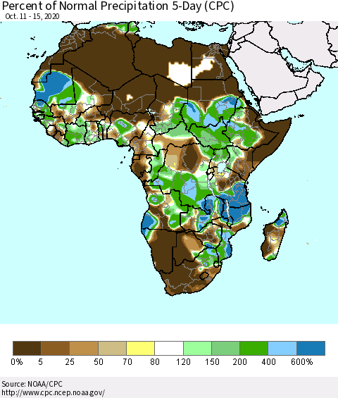 Africa Percent of Normal Precipitation 5-Day (CPC) Thematic Map For 10/11/2020 - 10/15/2020