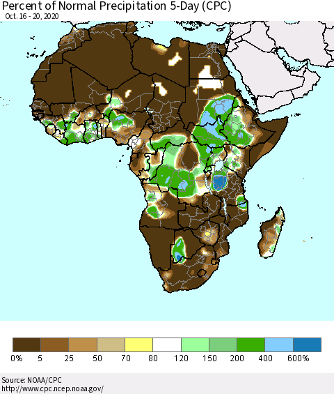 Africa Percent of Normal Precipitation 5-Day (CPC) Thematic Map For 10/16/2020 - 10/20/2020