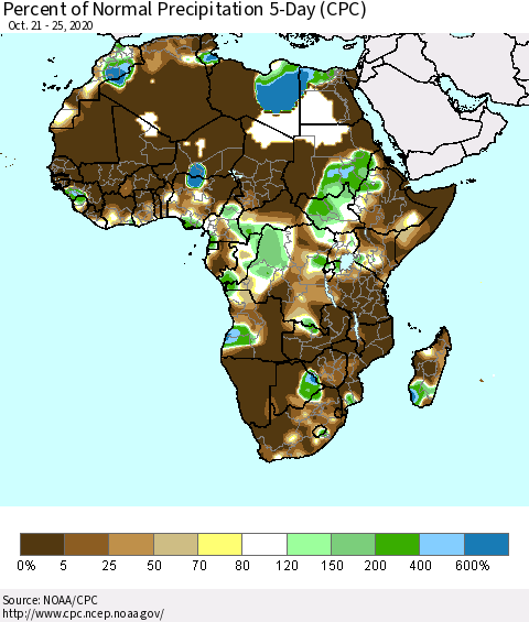 Africa Percent of Normal Precipitation 5-Day (CPC) Thematic Map For 10/21/2020 - 10/25/2020