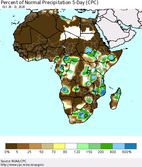 Africa Percent of Normal Precipitation 5-Day (CPC) Thematic Map For 10/26/2020 - 10/31/2020