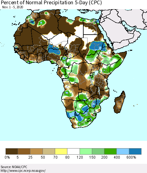 Africa Percent of Normal Precipitation 5-Day (CPC) Thematic Map For 11/1/2020 - 11/5/2020