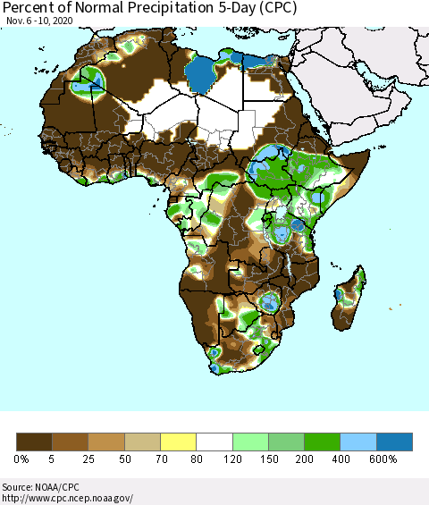 Africa Percent of Normal Precipitation 5-Day (CPC) Thematic Map For 11/6/2020 - 11/10/2020