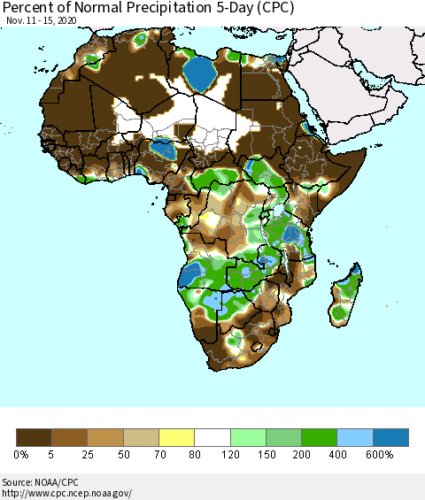 Africa Percent of Normal Precipitation 5-Day (CPC) Thematic Map For 11/11/2020 - 11/15/2020