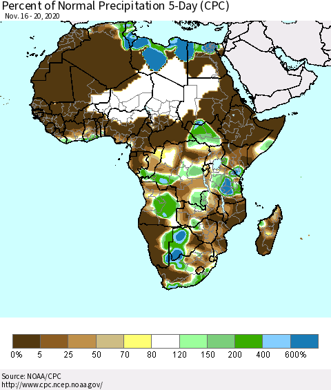 Africa Percent of Normal Precipitation 5-Day (CPC) Thematic Map For 11/16/2020 - 11/20/2020