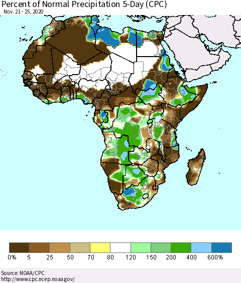 Africa Percent of Normal Precipitation 5-Day (CPC) Thematic Map For 11/21/2020 - 11/25/2020