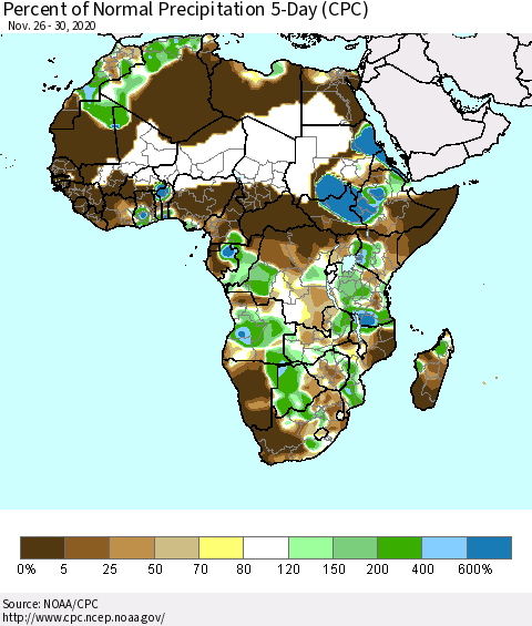 Africa Percent of Normal Precipitation 5-Day (CPC) Thematic Map For 11/26/2020 - 11/30/2020