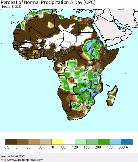 Africa Percent of Normal Precipitation 5-Day (CPC) Thematic Map For 12/1/2020 - 12/5/2020