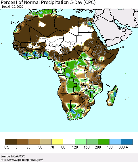 Africa Percent of Normal Precipitation 5-Day (CPC) Thematic Map For 12/6/2020 - 12/10/2020