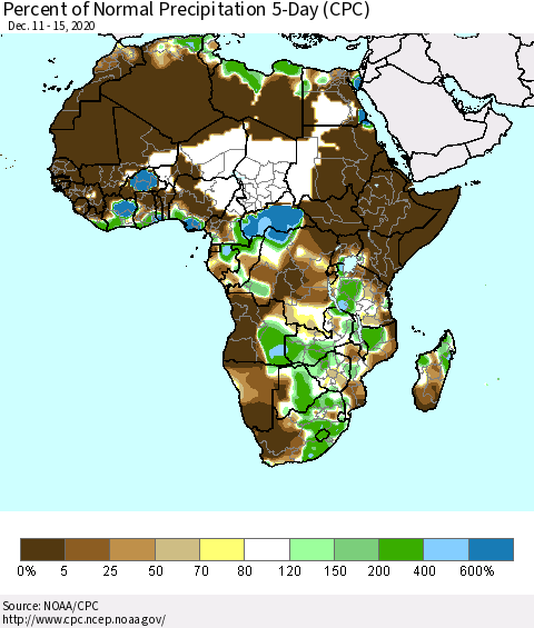 Africa Percent of Normal Precipitation 5-Day (CPC) Thematic Map For 12/11/2020 - 12/15/2020