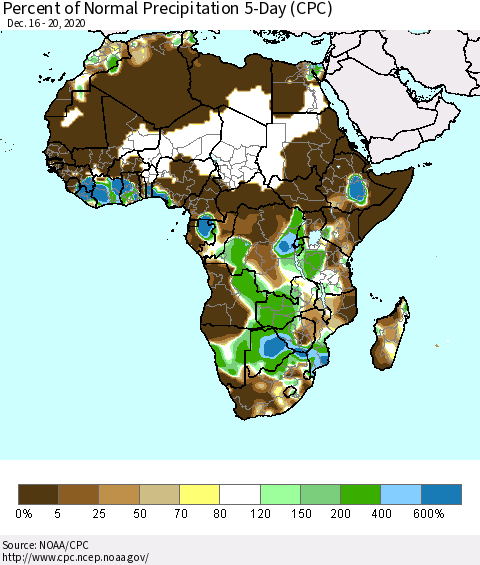 Africa Percent of Normal Precipitation 5-Day (CPC) Thematic Map For 12/16/2020 - 12/20/2020
