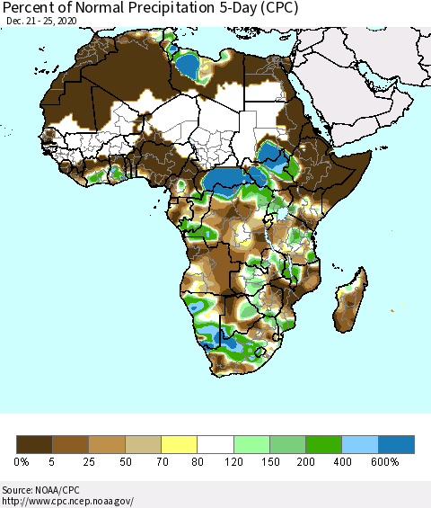 Africa Percent of Normal Precipitation 5-Day (CPC) Thematic Map For 12/21/2020 - 12/25/2020
