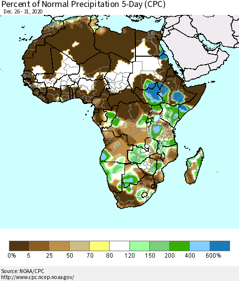 Africa Percent of Normal Precipitation 5-Day (CPC) Thematic Map For 12/26/2020 - 12/31/2020