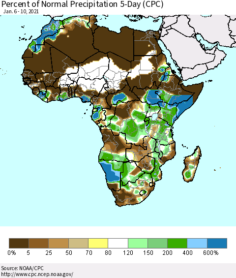 Africa Percent of Normal Precipitation 5-Day (CPC) Thematic Map For 1/6/2021 - 1/10/2021
