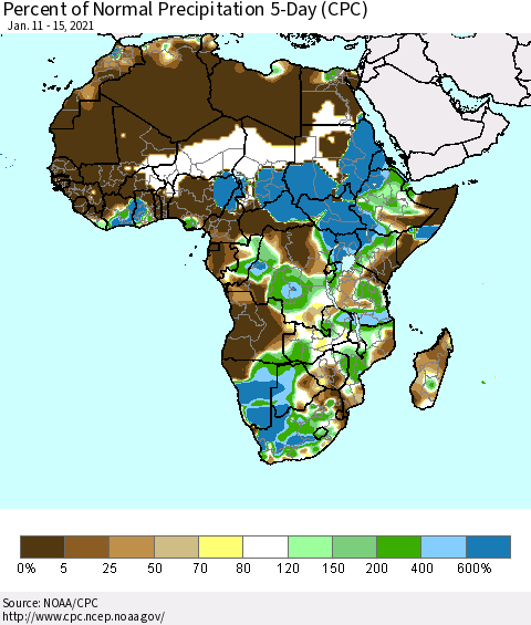 Africa Percent of Normal Precipitation 5-Day (CPC) Thematic Map For 1/11/2021 - 1/15/2021