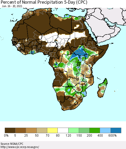 Africa Percent of Normal Precipitation 5-Day (CPC) Thematic Map For 1/16/2021 - 1/20/2021