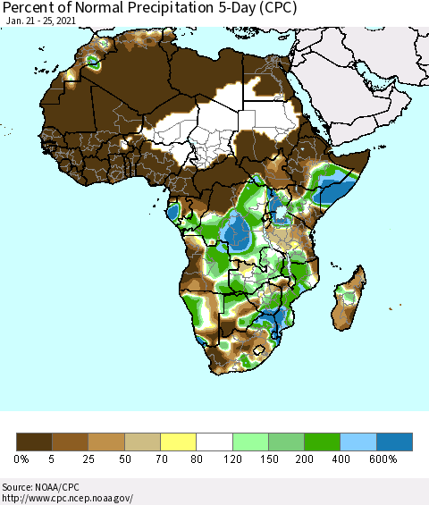 Africa Percent of Normal Precipitation 5-Day (CPC) Thematic Map For 1/21/2021 - 1/25/2021