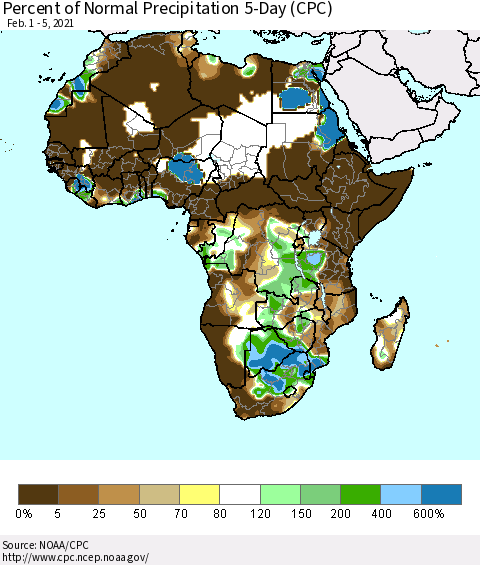 Africa Percent of Normal Precipitation 5-Day (CPC) Thematic Map For 2/1/2021 - 2/5/2021