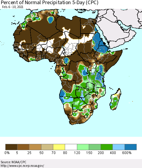 Africa Percent of Normal Precipitation 5-Day (CPC) Thematic Map For 2/6/2021 - 2/10/2021