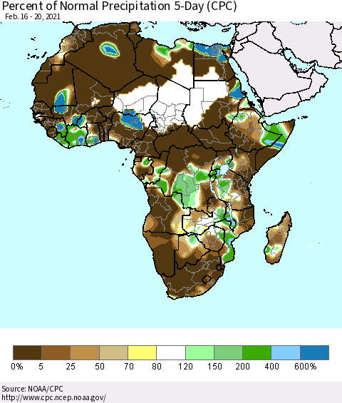Africa Percent of Normal Precipitation 5-Day (CPC) Thematic Map For 2/16/2021 - 2/20/2021