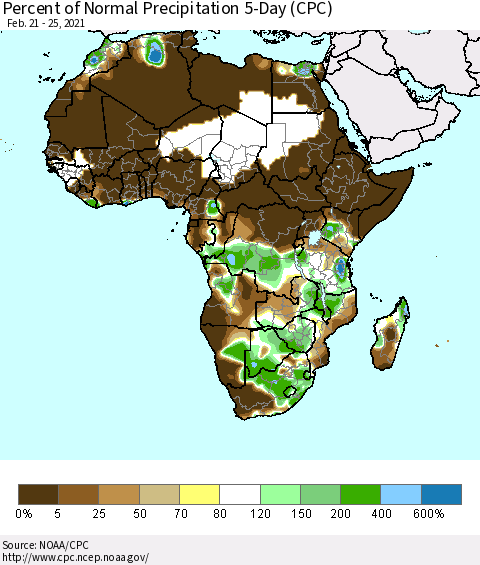 Africa Percent of Normal Precipitation 5-Day (CPC) Thematic Map For 2/21/2021 - 2/25/2021