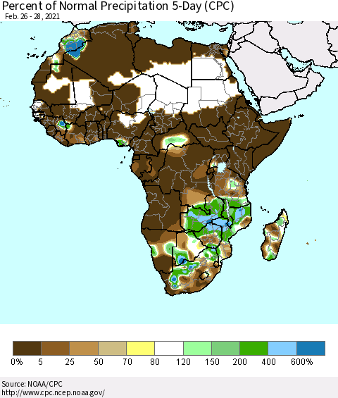 Africa Percent of Normal Precipitation 5-Day (CPC) Thematic Map For 2/26/2021 - 2/28/2021
