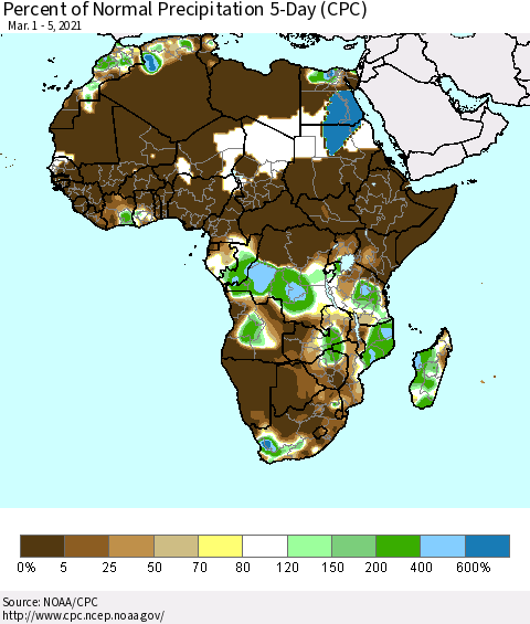 Africa Percent of Normal Precipitation 5-Day (CPC) Thematic Map For 3/1/2021 - 3/5/2021