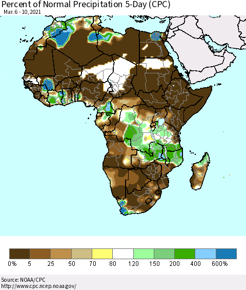 Africa Percent of Normal Precipitation 5-Day (CPC) Thematic Map For 3/6/2021 - 3/10/2021