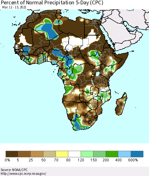 Africa Percent of Normal Precipitation 5-Day (CPC) Thematic Map For 3/11/2021 - 3/15/2021