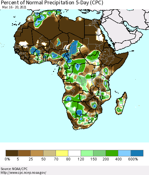 Africa Percent of Normal Precipitation 5-Day (CPC) Thematic Map For 3/16/2021 - 3/20/2021