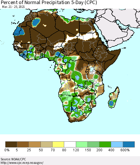 Africa Percent of Normal Precipitation 5-Day (CPC) Thematic Map For 3/21/2021 - 3/25/2021