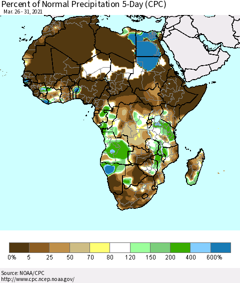Africa Percent of Normal Precipitation 5-Day (CPC) Thematic Map For 3/26/2021 - 3/31/2021