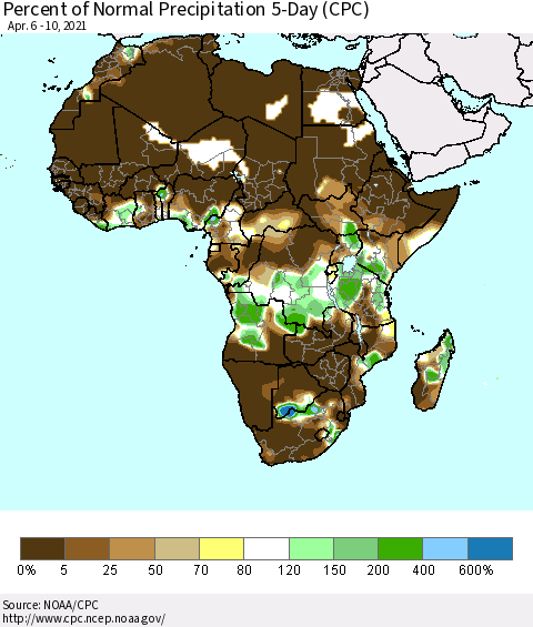 Africa Percent of Normal Precipitation 5-Day (CPC) Thematic Map For 4/6/2021 - 4/10/2021