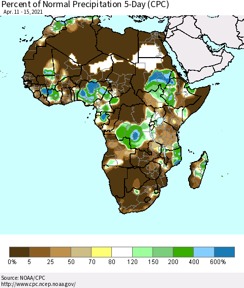 Africa Percent of Normal Precipitation 5-Day (CPC) Thematic Map For 4/11/2021 - 4/15/2021
