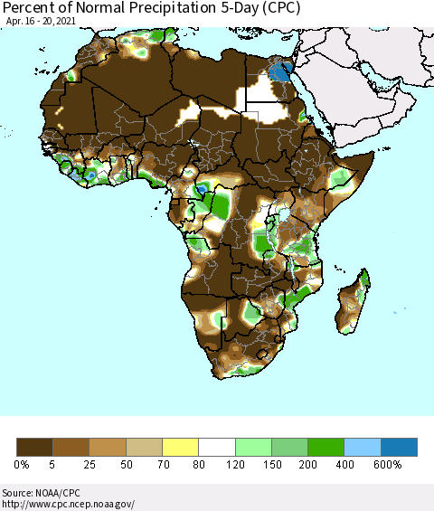 Africa Percent of Normal Precipitation 5-Day (CPC) Thematic Map For 4/16/2021 - 4/20/2021