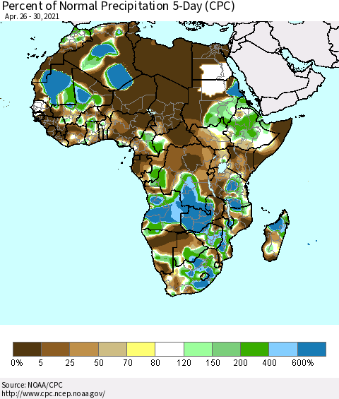 Africa Percent of Normal Precipitation 5-Day (CPC) Thematic Map For 4/26/2021 - 4/30/2021